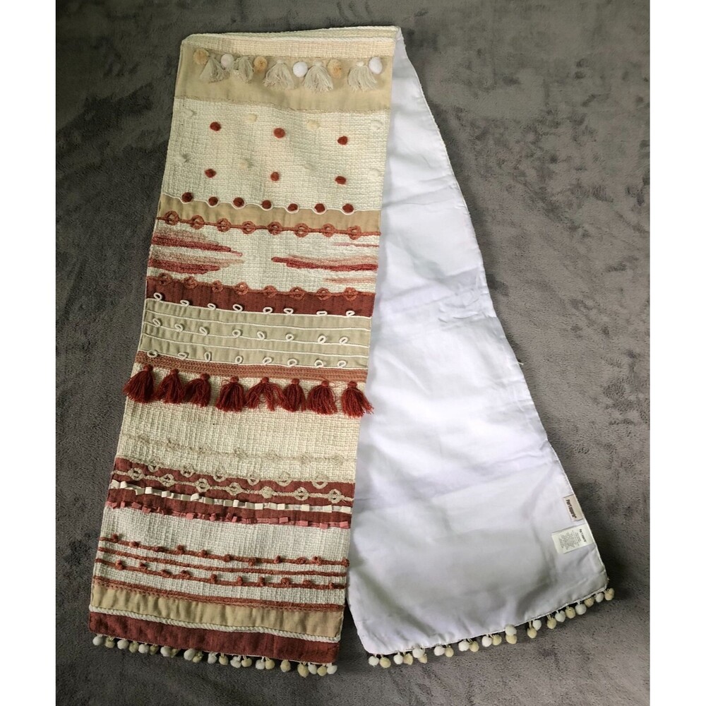 Pier 1 Imports Table Runner BOHO White Tan Rust Ball Fringe 72 x 13 in India